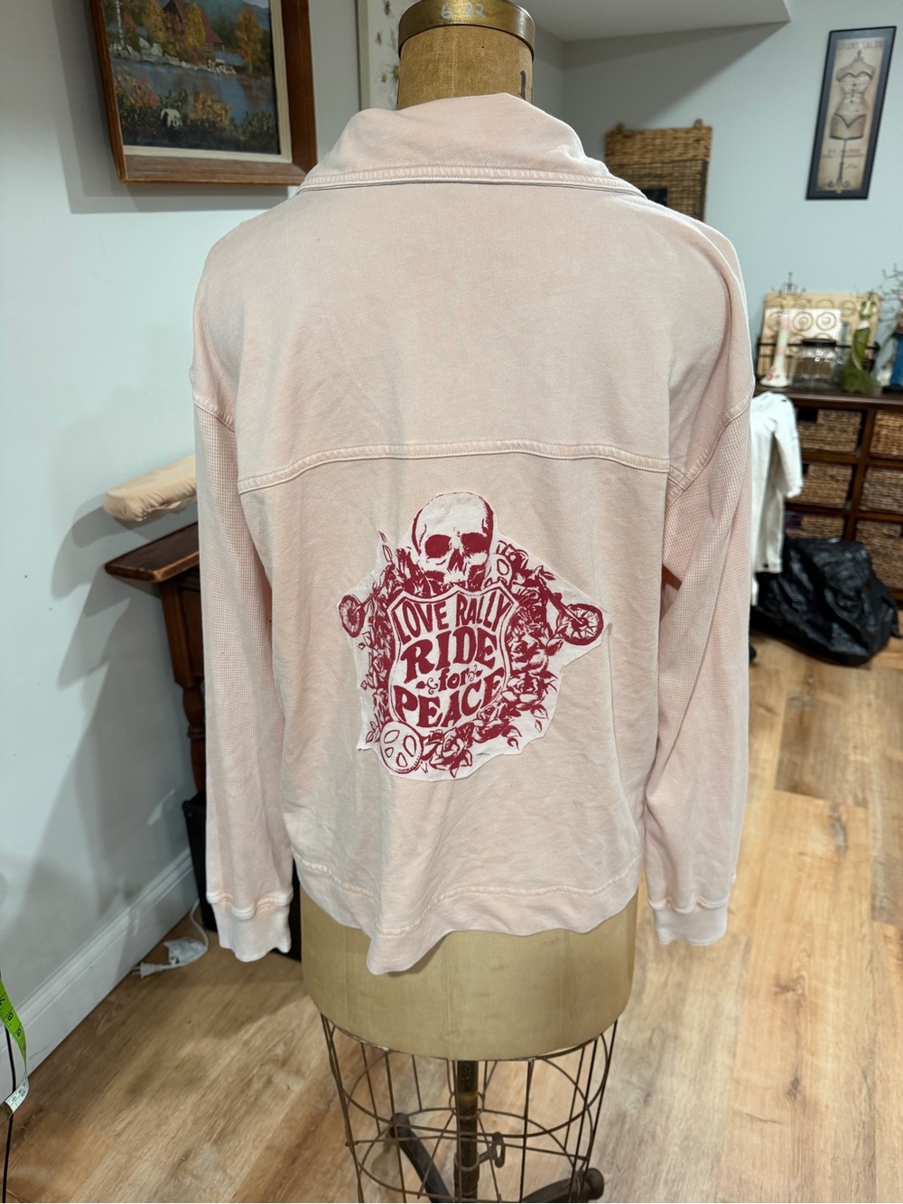 Jane and Delancey Pale Pink Jean Jacket with Red Graphic Back